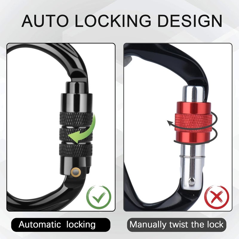 FVW CE Certified Auto Locking Climbing Carabiners, Professional 25KN (5620 lbs) Heavy Duty Caribeaners for Rappelling Swing Rescue & Gym etc, Large D-Shaped Carabiners - Image 4